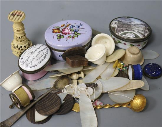 Three enamel patch boxes and other collectables